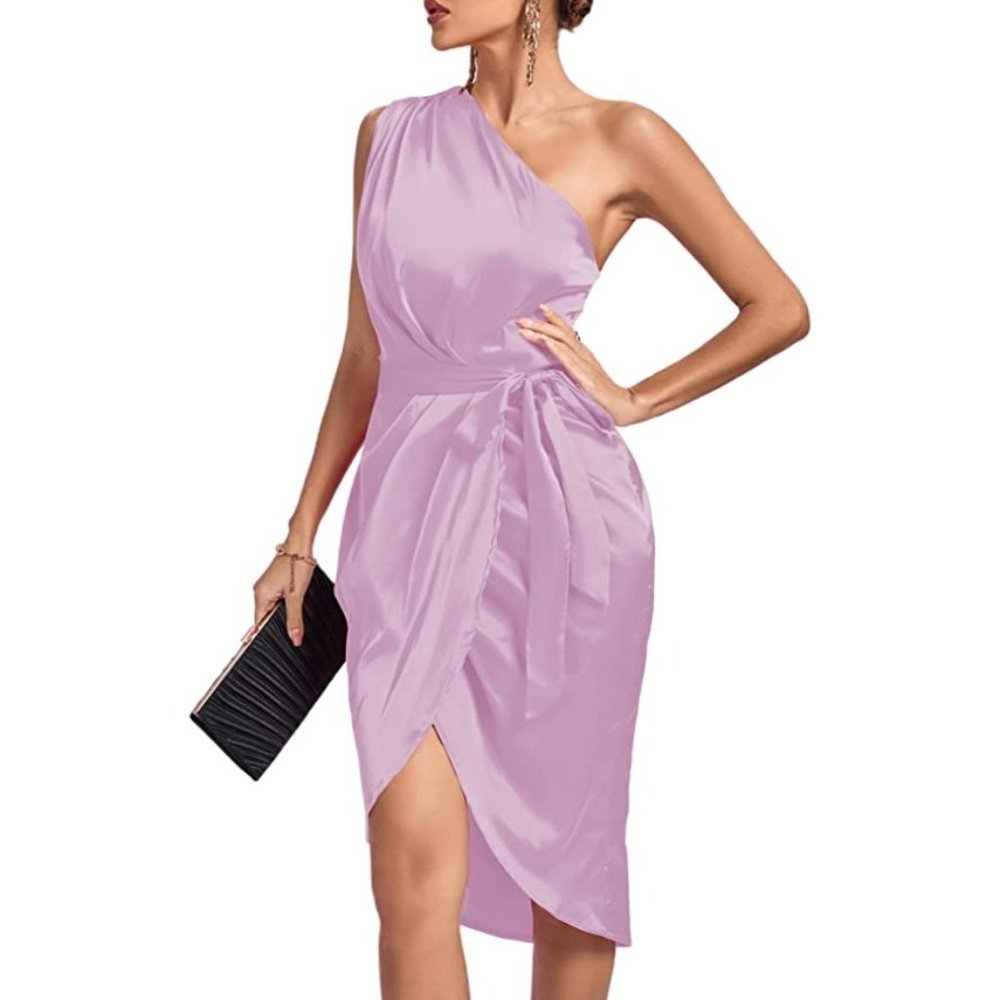 Women's Lavender Satin One Shoulder Off Ruched Front Slit Tie Waist Cocktail Dre - Picture 3 of 6